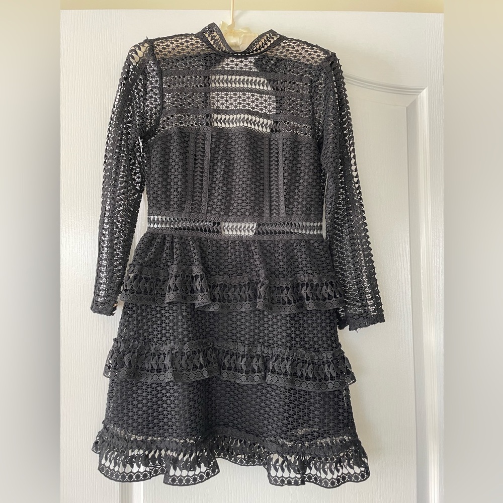 Self-Portrait - lace cutout peplum mini. Black